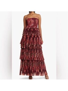 Hutch Strapless Tiered Floral Maxi Dress in Wine
